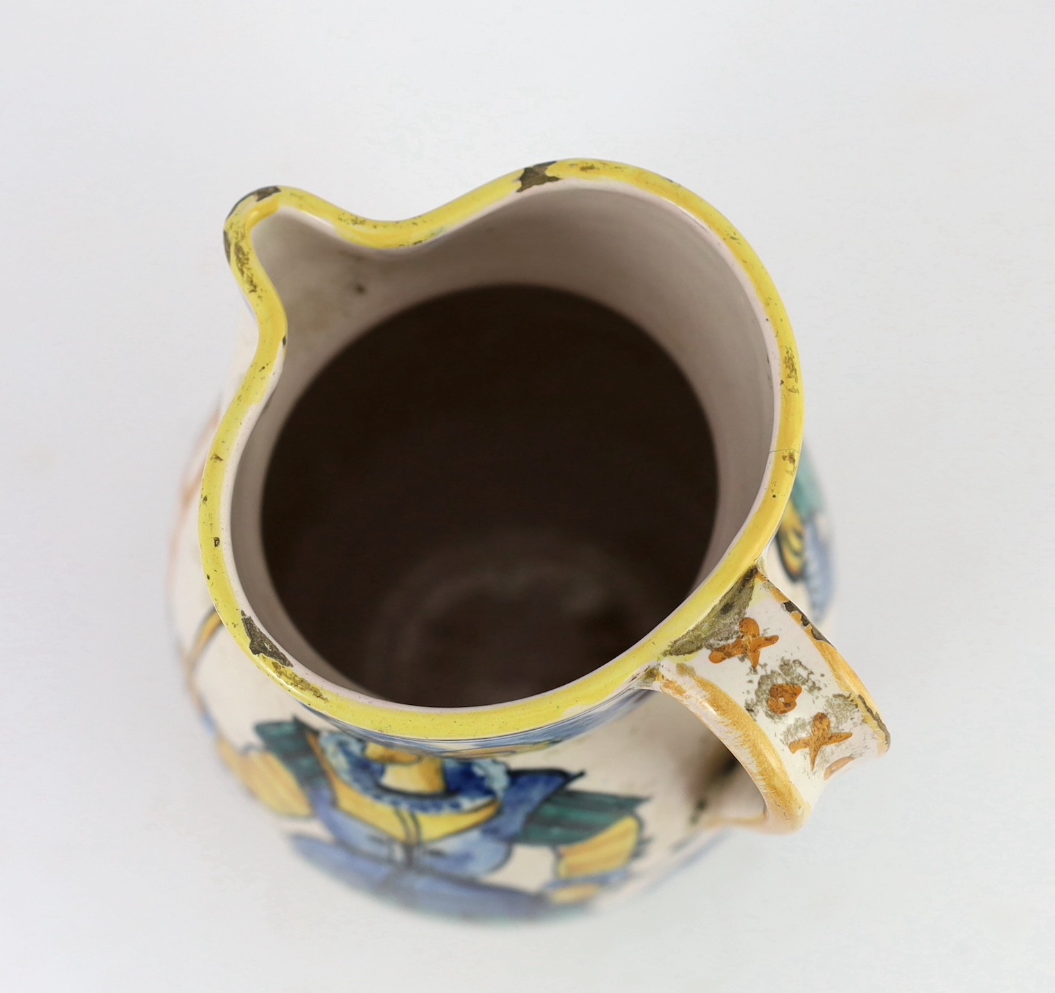 An Italian maiolica jug (boccale), probably Montelupo, 18th/19th century, 24.5cm high, minor damage